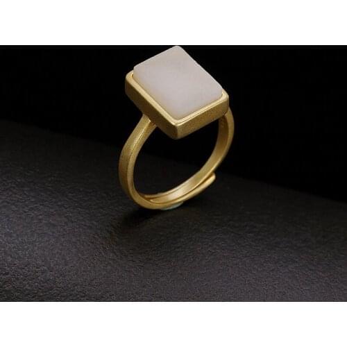 Silver inlaid natural Hetian white jade square geometric opening adjustable ring Chinese style retro luxury womens jewelry