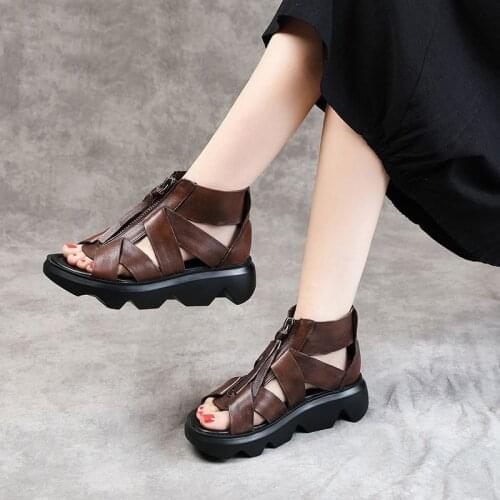 Fashion Women Gladiator Sandals Summer Shoes Woman Wedges Platform Sandals Retro Genuine Leather Front Zipper Casual Sandalias
