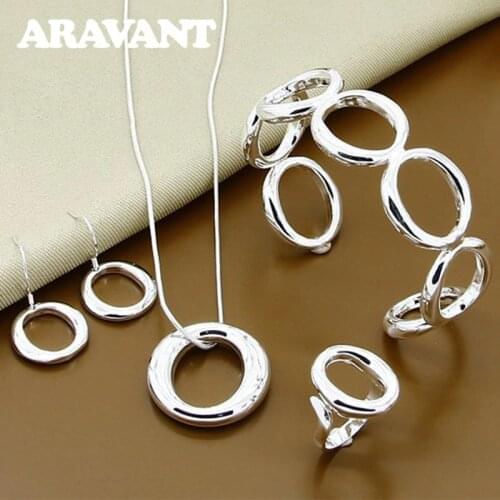 925 Silver O Shape Necklace Earrings Open Bangle Rings Jewelry Set For Women Fashion Jewelry