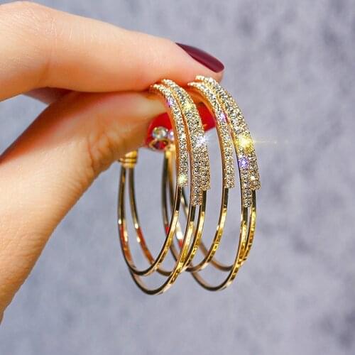 USTAR Crystals Round Hoop Earrings for Women Modern Fashion Jewelry Earrings female Gold color Geometric hanging oorbellen gift