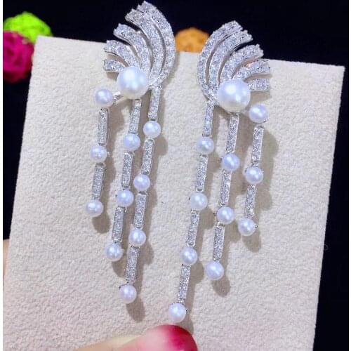 Natural fresh water pearl earring long earring wing 925 sterling silver with cubic zircon fine women jewelry free shipping
