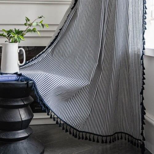 North American Bohemian Navy Stripe Broom Tassel Kitchen Sliding Window Door Cotton and Linen Three-Sided Pendant Finished #35