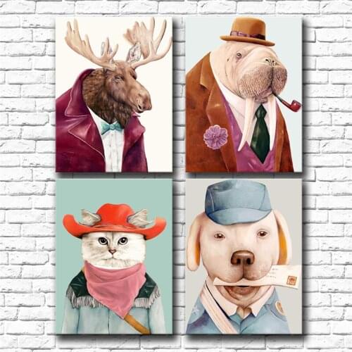 Scandinavian Cartoon Animal Head Deer Cat Giraffe Owl Dog Canvas Painting Home Living Room Wall Picture Poster Decoration