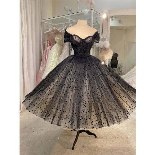 Vintage Black Polka Dot Wedding Dress Tea Length 2021 Off The Shoulder Sweetheart Engagement Bridal Gowns Reception Dresses