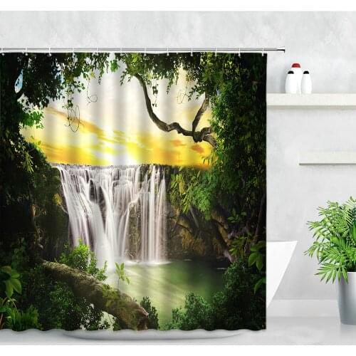 Waterfall Landscape Shower Curtains Sunset Jungle Green Plants Water Natural Scenery Waterproof Home Decor Bathroom Curtain Set