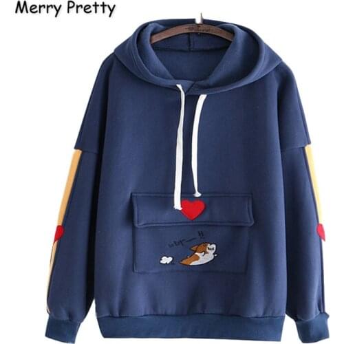 MERRY PRETTY Women‘s Hooded Sweatshirts Cartoon Dog Embroidery Harajuku Sweet Style Hoodies Winter Plus Velvet Pullovers