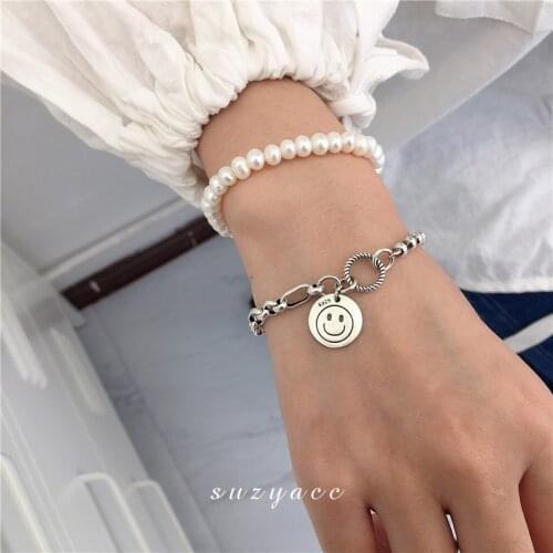 925 Silver Womens Bracelet Personality Double-layer Smiley Face Round Brand Chain Simple Punk Style Handmade Bracelet Jewelry