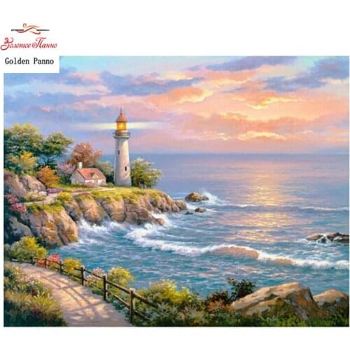 Golden panno,Full,DIY Diamond Embroidery5D,Diamond Painting,Cross Stitch,3D,Diamond,Christmas,Needlework,wall ,Seaside lighthous