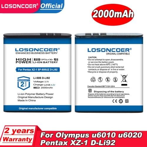 2000mAh Li-50B Li50B Li 50B Battery for Olympus U6010 U6020 Pentax XZ-1 SP-800UZ D-Li92 DLi92 MJU 1010 1020 TG810 VR-340