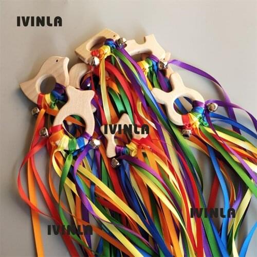 8pcs/lot Rainbow Natural Wooden Ribbon Ring Animal Shape Waldorf Toys Baby Newborn Teether Montessori Sensory Toys with bell
