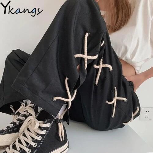 High Street Drawstring Cross Webbing Casual Pants Harajuku Elastic Waist Hip Hop Sport Chic Trousers Joggers Women Wide Leg Pant