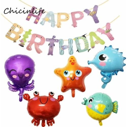 Chicinlife ocean sea animal fish Happy Birthday banner Balloons under the sea kids birthday party decoration Birthday Garland
