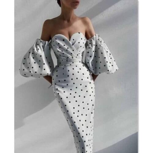 Cultiseed Women New Sexy Strapless Polka Dot Print High Waist Slim Hip Birthday Party Dinner Pencil Dress With Lantern Sleeve