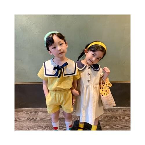 Childrens Dresses 2021 Summer Baby Boys and Girls Korean College Style Suit Cotton and Linen Lapel Dress Brother and Sister Set