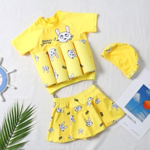 Girls buoyancy Learning Training Suits Girl Swimsuit Swimming Short Sleeve Tops+Shorts+Cap 3pcs Swim Suit Rabbit Print Swimwear