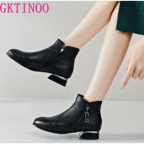 GKTINOO 2020 Winter Shoes Women Boots Elegant Woman Genuine Leather Shoes Low Heels Pointed toe Ladies Ankle Boots Square Heel