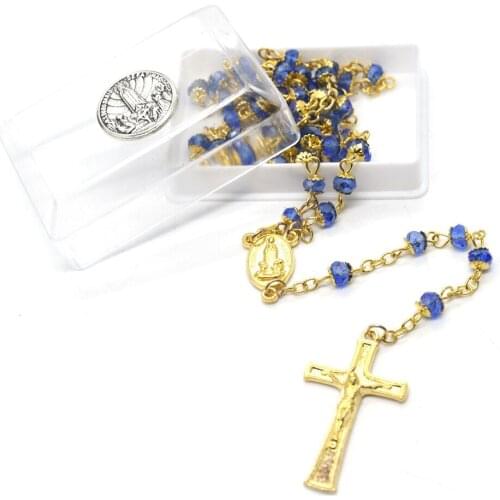Christian Blue Crystal Beads Catholic Virgin Mary Fatima Crucifix Cross Pendant Rosary Necklace Church Pray Jewelry Gifts