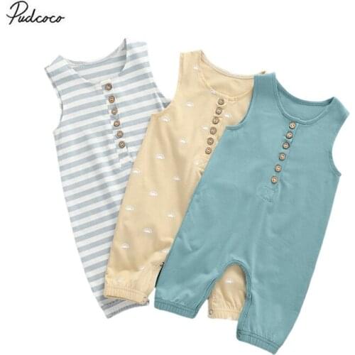 2020 Breathable 0-18M Baby Boys Girl Sleeveless Romper Summer Simple Style Infant Printing/Solid/Stripe Jumpsuit Travel Vacation