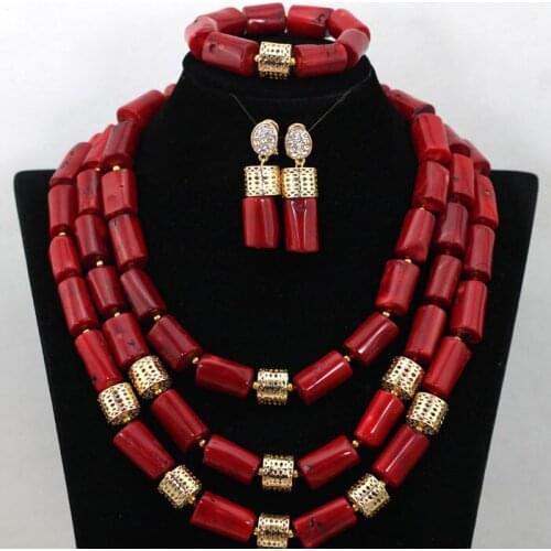 Red Nigerian Wedding African Beads Coral Necklace Earrings Bracelet Statement Jewelry Set New Free Shipping CNR465