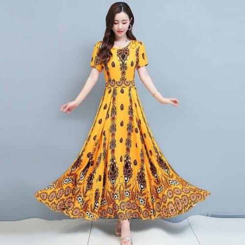 Summer Floral Print High Waist Slim Short Sleeve O-neck A-line White Yellow Red Green Big Swing Party Cocktail Dresses 9349