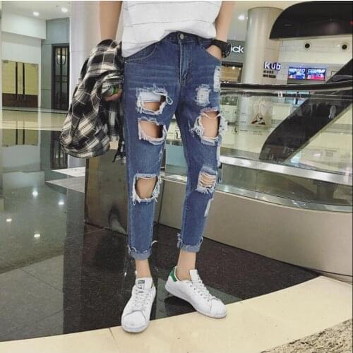 M-xxl Summer Korean Version Of The Gd Same Paragraph Mens Large Hole Jeans Feet Pants Youth Tide Men Nine Pants