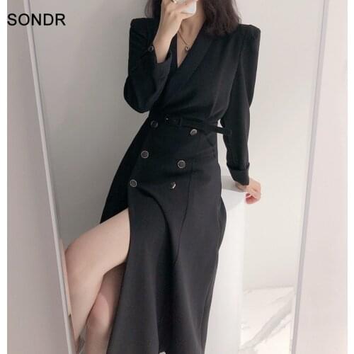 Korean Fashion One-Piece Office Ladies Dress Solid Long Dresses 2021 Autumn New Elegant V-Neck Dress Vestidos Casuales De Mujer