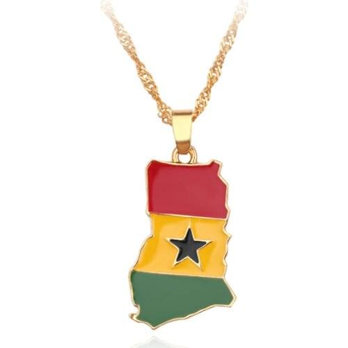 Fashion Ghana Map And Flag Pendant Necklace Gold Color Jewelry Ghanaian Country Maps Patriotic National Day Gift Bijoux Femme