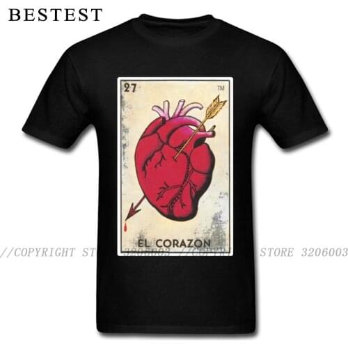Poker Card T-Shirt for Men Unique Tees Corazon Loteria Mexican Bingo Heart Card Print Tops T Shirts Black Vintage Style Tshirt