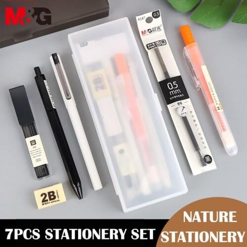 M&G 7pcs/set HAGP0778 Nature Color Stationery Set including Gel Pen Highlighter Mechanical Pencil Refill Eraser Pencil Case