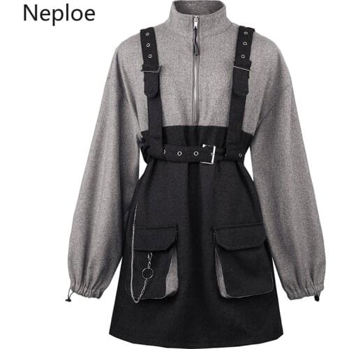 Neploe Two Piece Set Women Pockets Sling Mini Dress Loose Casual Sweatshirts Korean Chic Suit Ropa Mujer 2 Piece Outfits Woman