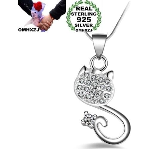 OMHXZJ Wholesale Personality Fashion OL Woman Girl Party Gift Silver Cat AAA Zircon 925 Sterling Silver Pendant Necklace NC83