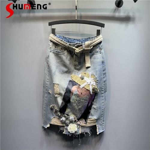 Original Retro High Waist Midi Denim Skirt for Women Fashion Plus Size Ripped Colorful Crystals Jean Skirt Slimming 2021 Summer
