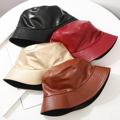 Summer Fashion PU Leather Bucket Hat Men Women Fishing Cap Soild Foldable Hiking Hat Hip-Hop Girls Outdorr Street Shade Panama