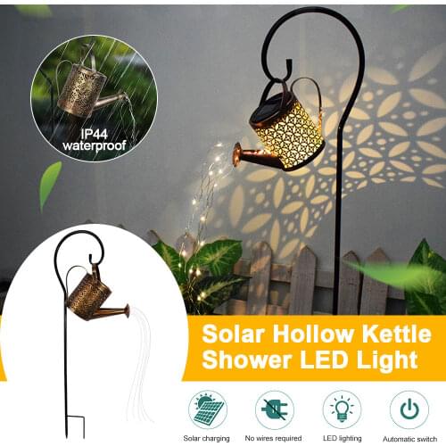 Solar Watering Can Sprinkles Ornament Lamp Outdoor Garden Waterproof IP44 Kettle Shower Art Light Hollow-out Iron String Lights