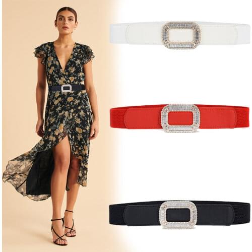 Simple Girl Belts for Women Fashion Rhinestone Buckle Stretch Belt Black Elastic Wide Waistband Style Loose Dress Ladies Belt