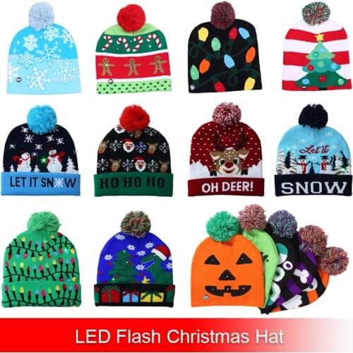 2020 19 Designs LED Christmas Hat Sweater knitted Beanie Christmas Light Up Knitted Hat for Kid Adult For Christmas Party
