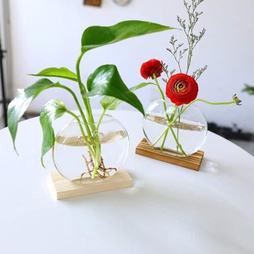 Modern Home Decor Tabletop Glass Planter Flower Bud Vase In Wood Stand Rack Terrarium for Hydroponic Plants Cuttings Office