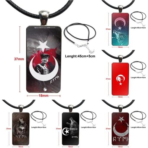 For Schoolgirl Maxi Glass Cabochon Choker Pendant Rectangle Necklace Stainless Steel Color Jewelry Turkey Turkish Flag Wolf