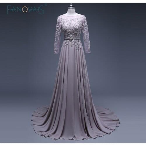 Elegant New Fashion Backless Chiffon Lace Evening Dresses Formal Celebrity Gowns abendkleider Long Sleeve robe de soiree ASAE49