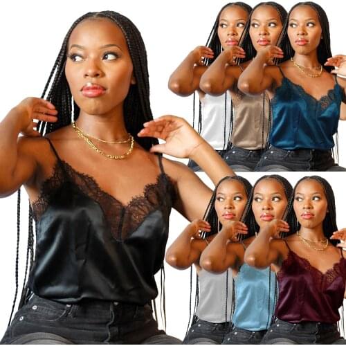 Summer Spagetti Straps Tops For Women Lace Stitching Tanks & Camis Ladies V-neck Basic Tee Shirts