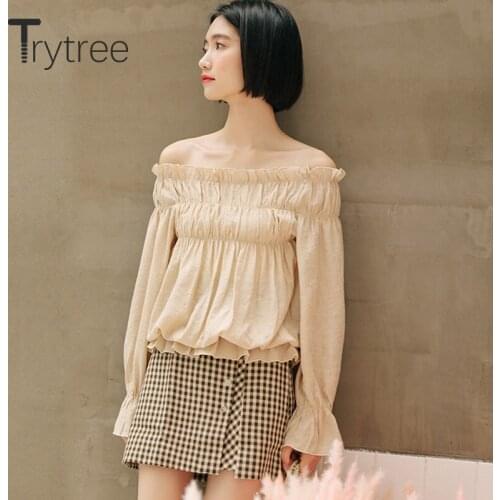Trytree 2020 Spring Autumn Casual Blouse Slash neck Loose Ruffles Flare Sleeve 2 Color Fashion Elegant All-Purpose Style Blouse