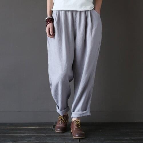 Johnature 2021 New Autumn Women Loose Cotton Linen Trouser Casual Elastic Waist Straight Vintage Female Pants
