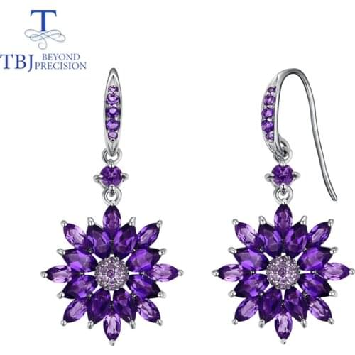 TBJ,Flower shape vintage drop dangle earring with natural african amethyst gemstone fine jewelry for women daily wear gift