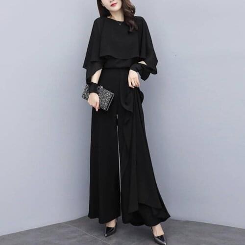 Work Pant Suits OL 2 Piece Sets Chiffon Shirt & Wide leg pants Trousers Suit For Women Set Female Spring
