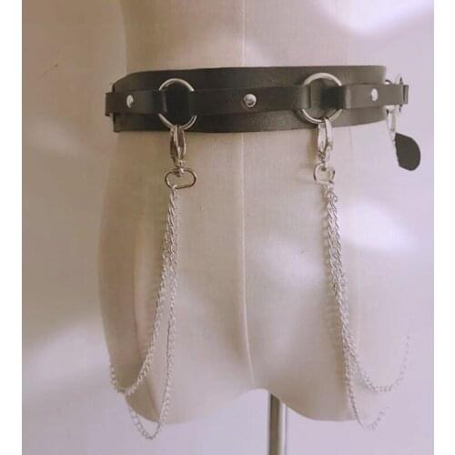 Womens PU Leather Wide Silver Tassel Belt Waist Garter Handmade Body Bondage Sexy Leg Suspenders Belt BDSM Harness Fetish Belts