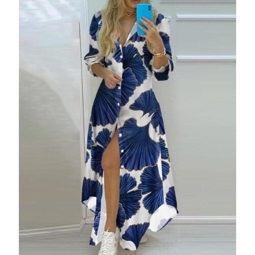 Maxi Beach Dress Elegant Women Button Long Shirt Dress Summer Split Print Lapel Neck Party Dress Long Sleeve Checked Plaid Robe