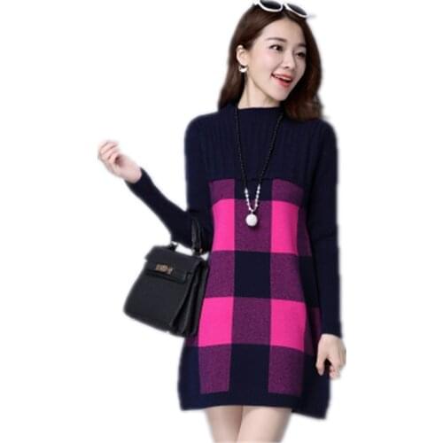Cashmere Turtleneck Sweater Dress Women Autumn Winter Knitted Dresses Plaid Dot Patchwork Velvet Warm Wool Mini Sweater Dress