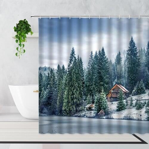 Winter Snow Shower Curtain Forest Wooden House Ice Lake Snowflake Landscape Bathroom Decor Waterproof Bath Curtain Set With Hook
