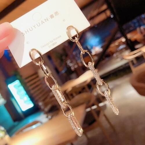 BLIJERY Elegant Rhinestone Metal Chain Long Drop Earrings For Women Gold Color Statement Earring Brincos Femmale Punk Jewelry