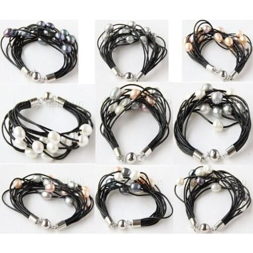 8" 13mm 15row white pink purple gray black Assorted pearls beads Strand black leather bracelet j9682